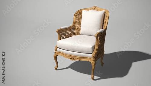 Antique wooden chair with intricate carvings and beige upholstered seat and backrest, designed for classic and elegant interiors.