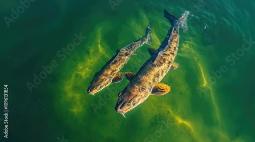 Mother snakehead murrel fish and her young swim near the water's surface, captured from above as they bask in the sunlight. photo