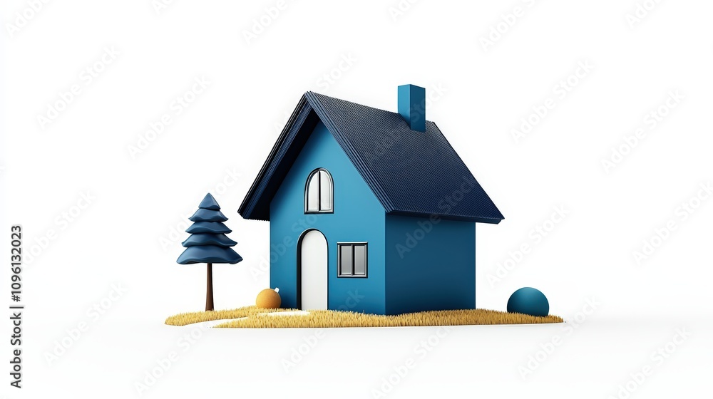 Blue house model with tree on white background Blue house model with tree on white background