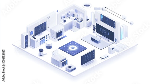 Isometric smart home system uses artificial intelligence-based system with modern and minimalist furniture