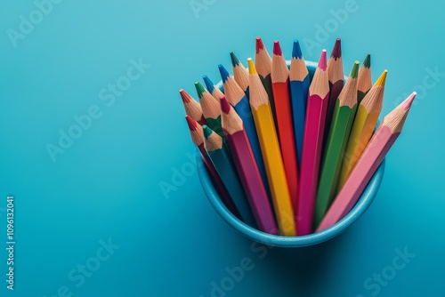 Vibrant array of colored pencils in blue cup on solid teal background for creative art and design inspiration