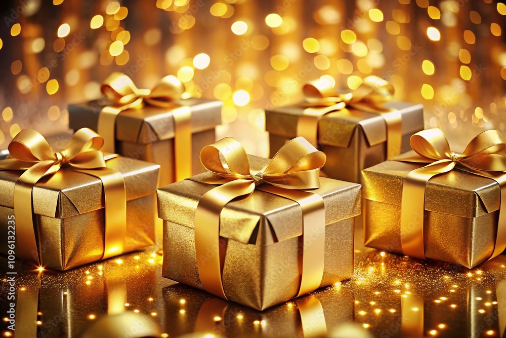 Golden Gift Boxes with Ribbon, Bokeh Effect AI Photo, Luxurious Gift, Holiday Gift