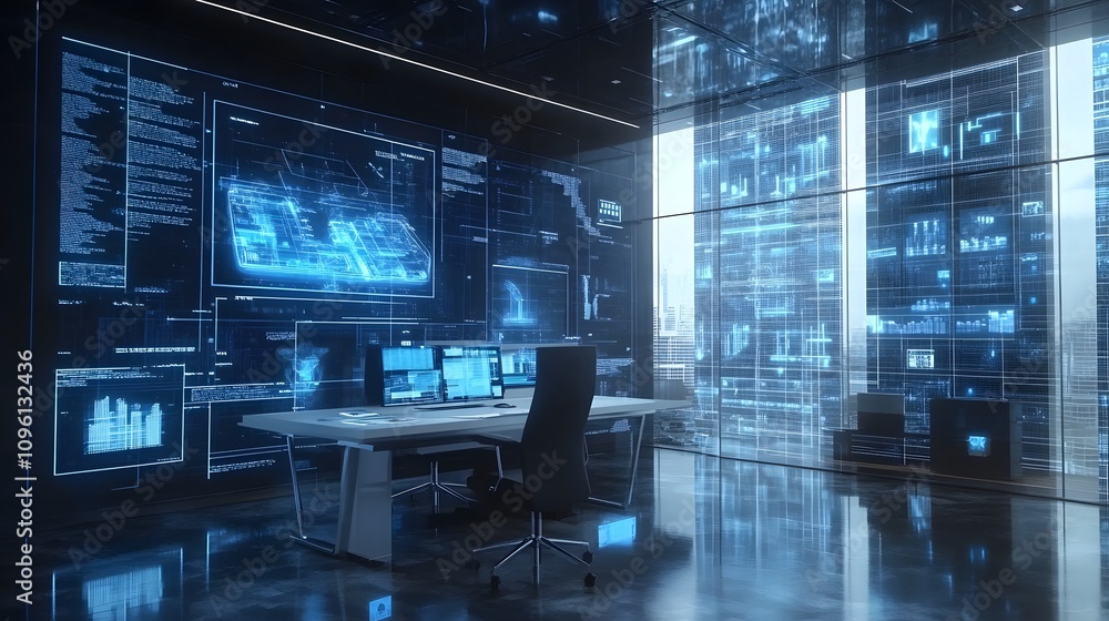 In a futuristic office setting. Futuristic office interior showcasing advanced technology with multiple screens In a futuristic office setting. Futuristic office interior showcasing advanced technology with multiple screens