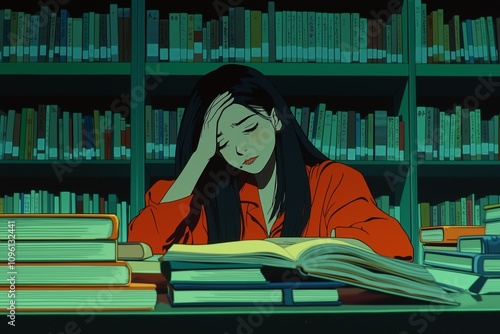 Animated student deep in thought at library desk surrounded by books under dim lighting, evoking academic challenge, focus, and determination