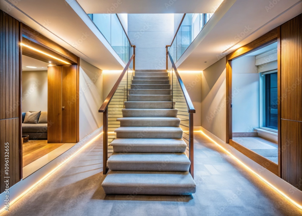 Obraz premium Modern Home Interior with Long Exposure View Down Carpeted Stairs, Elegant Design, Cozy Atmosphere, Stylish Décor, Contemporary Architecture, Warm Lighting, Inviting Spaces