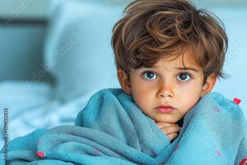 Adorable child wrapped in blanket: comfort, warmth, coziness concept for family care imagery