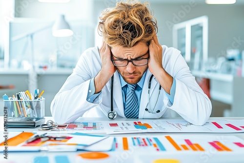 Stressed doctor analyzing complex medical data and reports in modern office setting