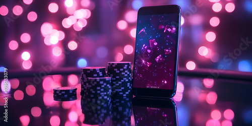 Casino Chips and Smartphone in Vibrant Neon Glow photo