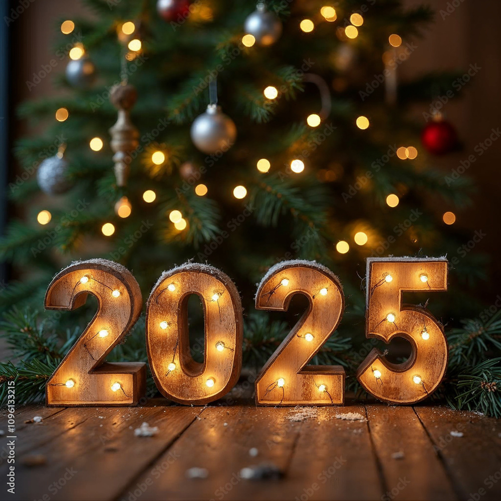 wooden numbers on the Christmas tree 2025 new year wooden numbers on the Christmas tree 2025 new year