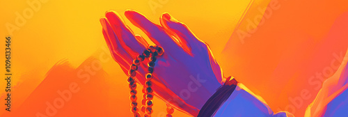 Hands holding prayer beads in soft, radiant lighting, stylized art
