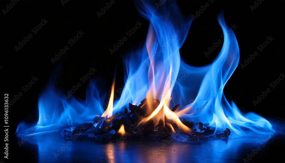 A vibrant image of mesmerizing blue fire flames isolated on a black background, showcasing ethereal beauty with detailed textures, perfect for creative, professional, and scientific A vibrant image of mesmerizing blue fire flames isolated on a black background, showcasing ethereal beauty with detailed textures, perfect for creative, professional, and scientific