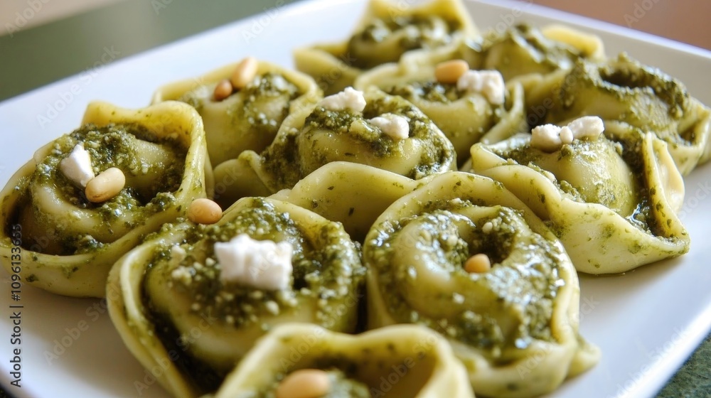 Homemade tortelloni filled with goat cheese, topped with green pesto and pine nuts, elegantly presented on a white plate against a natural stone backdrop. Homemade tortelloni filled with goat cheese, topped with green pesto and pine nuts, elegantly presented on a white plate against a natural stone backdrop.