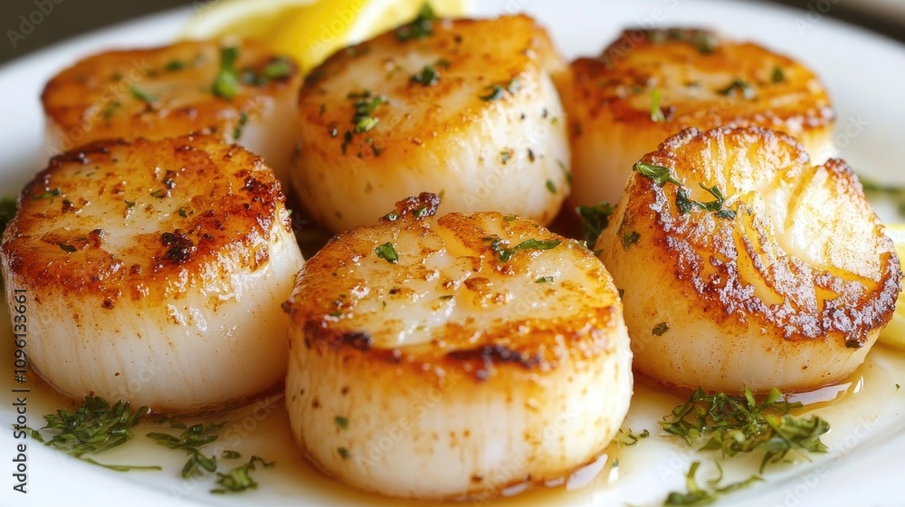 Golden roasted scallops elegantly plated with fresh herbs and lemon slices, showcasing a vibrant and appetizing seafood dish. Golden roasted scallops elegantly plated with fresh herbs and lemon slices, showcasing a vibrant and appetizing seafood dish.