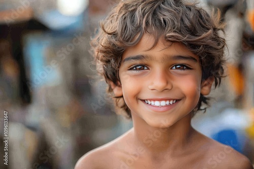 Portrait of a cheerful young boy with curly hair and bright smile outdoors