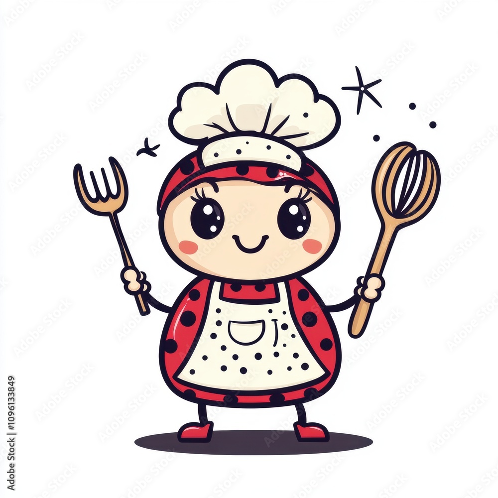 A cheerful cartoon chef character holding utensils, ready to cook. A cheerful cartoon chef character holding utensils, ready to cook.
