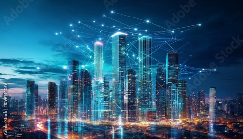 Wallpaper Mural Modern City Skyline at Night with Futuristic Design and Glowing Network Effect, Abstract Digital Illustration on Adobe Stock Torontodigital.ca
