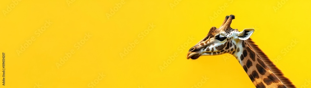 A giraffe's head against a vibrant yellow background, showcasing its unique features. A giraffe's head against a vibrant yellow background, showcasing its unique features.