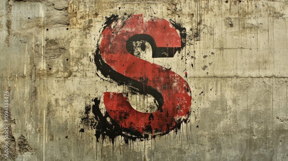 Fototapeta premium Bold red letter S spray-painted in grunge style on distressed concrete wall, featuring drips and texture that enhance its urban aesthetic.