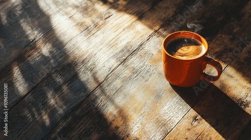 Steaming Coffee Mug on Wood...