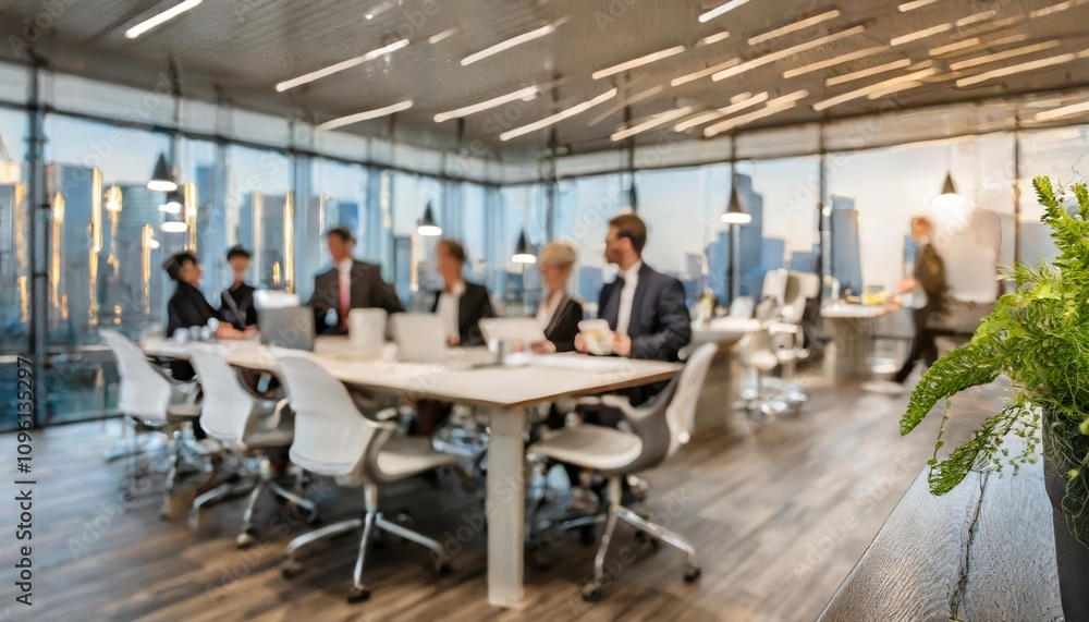 Professional business team collaborating in a modern conference room with a blurred focus, fostering teamwork and innovation in a contemporary corporate office environment. Professional business team collaborating in a modern conference room with a blurred focus, fostering teamwork and innovation in a contemporary corporate office environment.