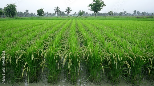 Close-up view reveals rice plants flourishing in various growth stages surrounded by lush greenery and a peaceful countryside setting