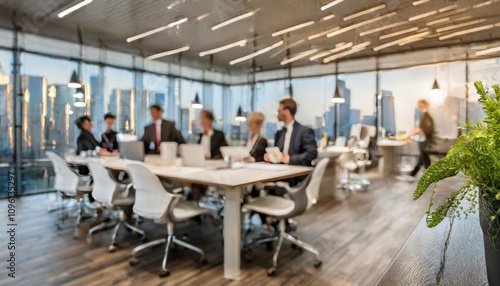 Professional business team collaborating in a modern conference room with a blurred focus, fostering teamwork and innovation in a contemporary corporate office environment.