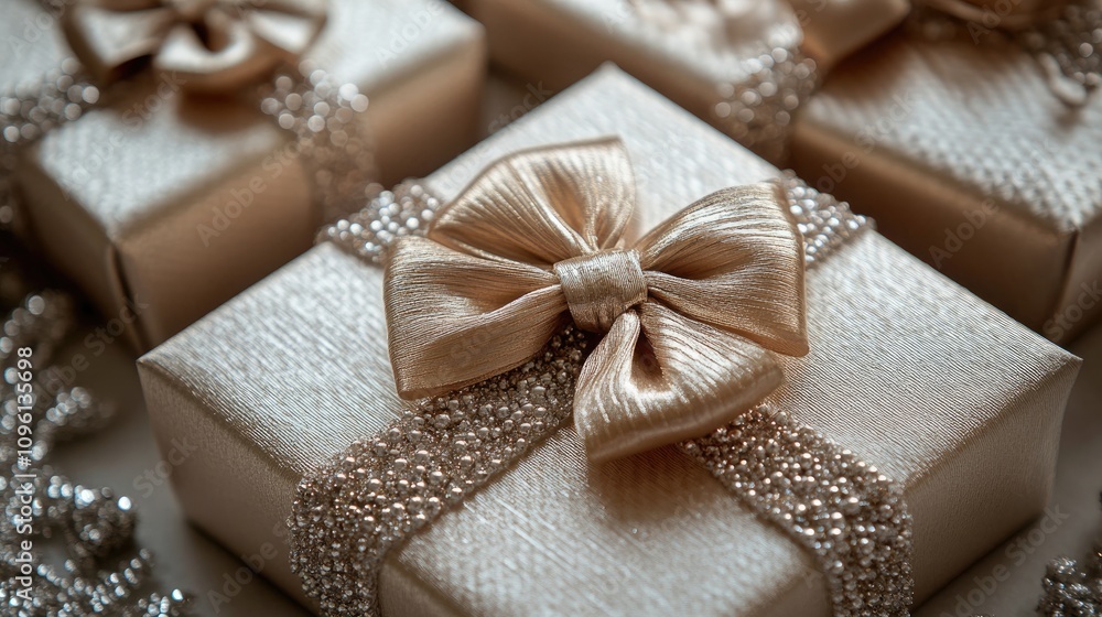 Elegant gold Christmas gift boxes adorned with shimmering bows and decorative accents, perfect for festive celebrations and holiday aesthetics. Elegant gold Christmas gift boxes adorned with shimmering bows and decorative accents, perfect for festive celebrations and holiday aesthetics.