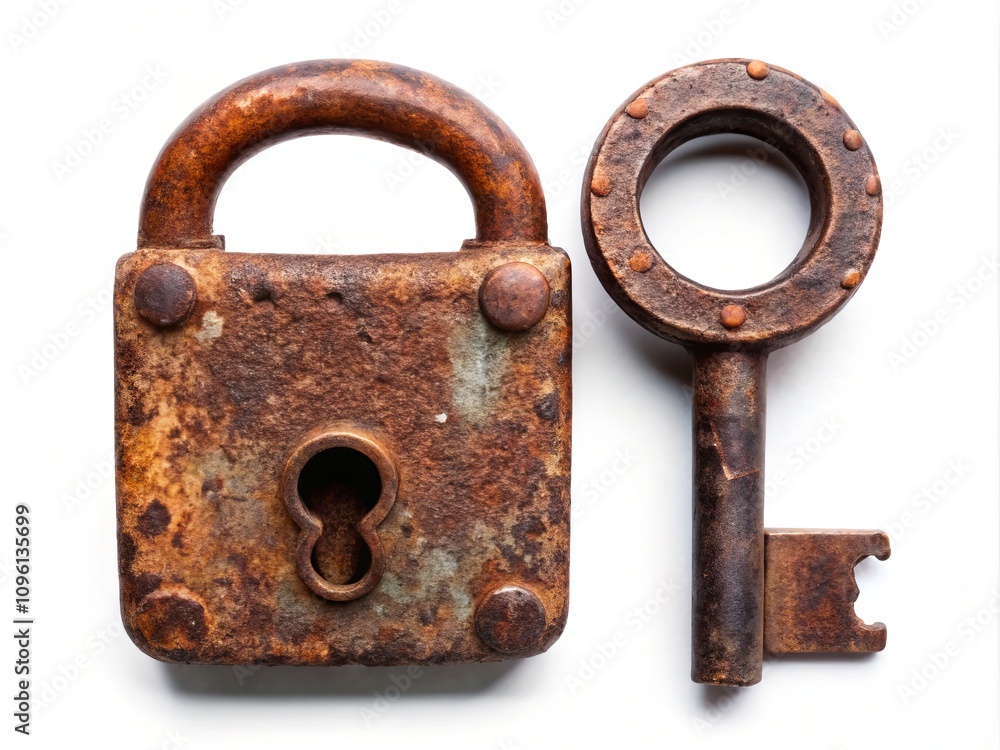 Old Rusty Padlock and Key Isolated on White Background - Vintage Iron Lock with Keyhole, Minimalist Style Photography for Unique Decor and Vintage Aesthetic Old Rusty Padlock and Key Isolated on White Background - Vintage Iron Lock with Keyhole, Minimalist Style Photography for Unique Decor and Vintage Aesthetic