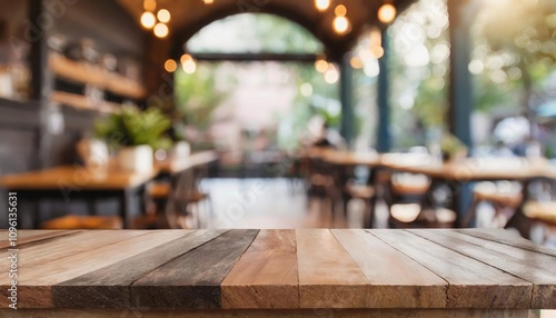 Blurred coffee shop and restaurant interior background featuring an empty wooden table, ideal for showcasing products, promotions, or creating a cozy atmosphere for design projects.