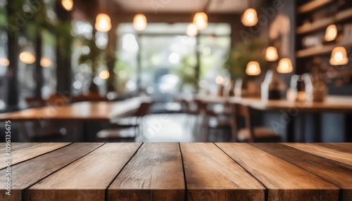 Blurred Coffee Shop and Restaurant Interior with Empty Wooden Table in Foreground, Perfect for Product Mockups, Menu Designs, or Background Usage in Marketing Materials and Presentations