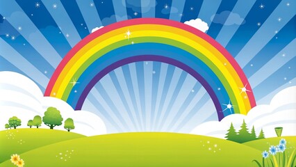 Foto auf Acrylglas Gelb Colorful landscape with a rainbow field background kids child. Round product display podium on landscape background with a rainbow and mushrooms for baby and kid in pastel tone colors. 3D rendering  © designhunt