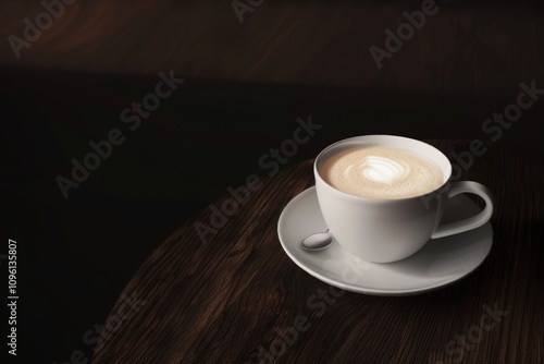 A steaming cup of coffee sits on a wooden table. Concept of warmth and comfort. For promoting a cafe or coffee brand. photo