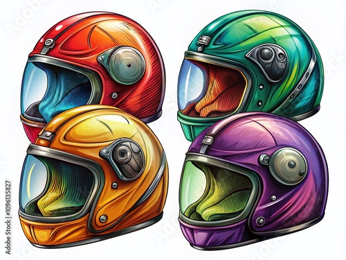 Motorcycle Helmets Illustration - Isolated Set on White Background photo