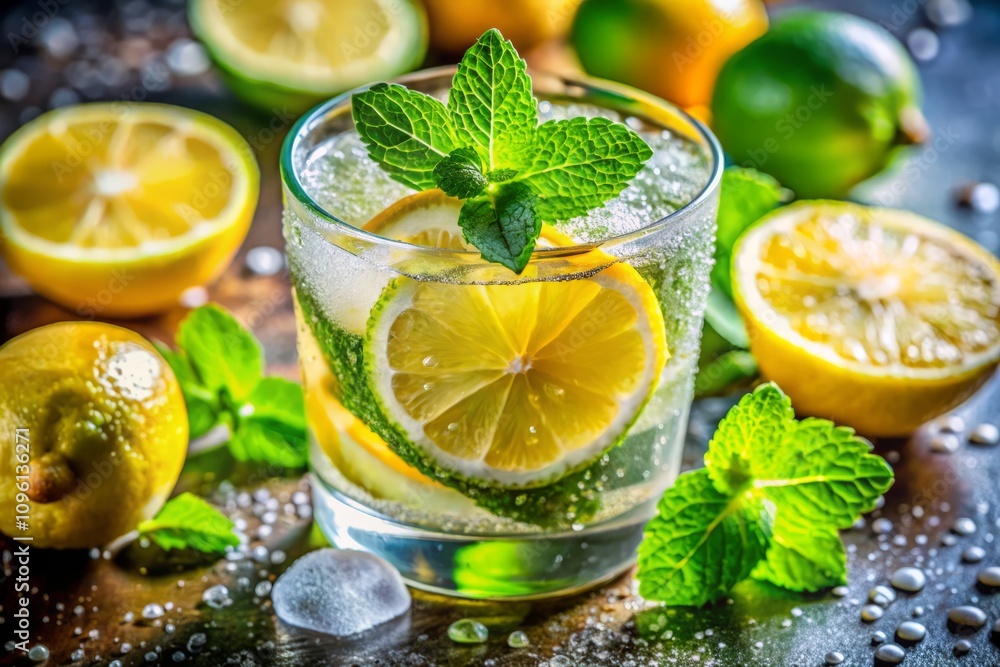 Refreshing Citrus Cocktail with Lemon, Lime, and Mint: A Macro Photography Delight of a Soft Drink that Captures the Essence of Summer in a Glass Refreshing Citrus Cocktail with Lemon, Lime, and Mint: A Macro Photography Delight of a Soft Drink that Captures the Essence of Summer in a Glass
