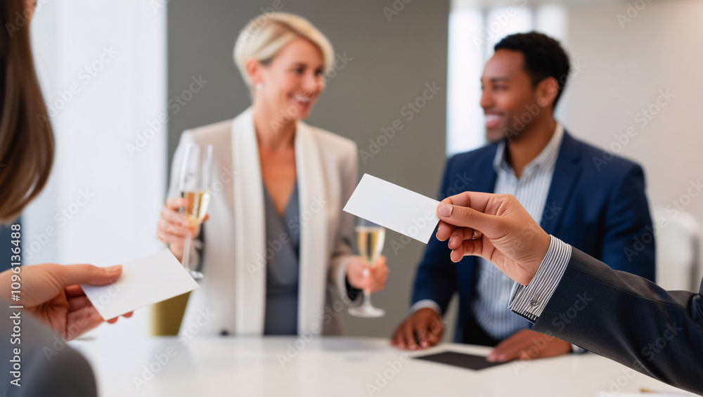 a businessperson handing their business card to a potential client, symbolizing networking and professional relationship-building in a formal business setting a businessperson handing their business card to a potential client, symbolizing networking and professional relationship-building in a formal business setting