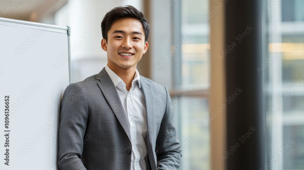 Asian man in grey suit excels in corporate presentation Asian man in grey suit excels in corporate presentation