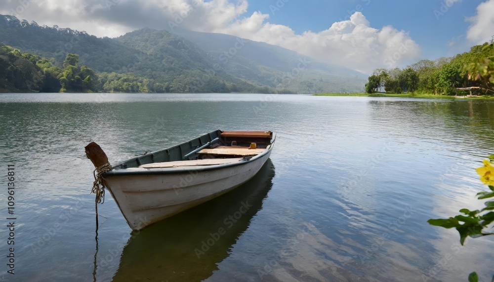 Serene View of a Boat on a Tranquil Lake Surrounded by Scenic Landscapes, Featuring Calm Waters and Picturesque Reflections Under a Softly Lit Sky for a Relaxing and Peaceful Atmosphere Serene View of a Boat on a Tranquil Lake Surrounded by Scenic Landscapes, Featuring Calm Waters and Picturesque Reflections Under a Softly Lit Sky for a Relaxing and Peaceful Atmosphere