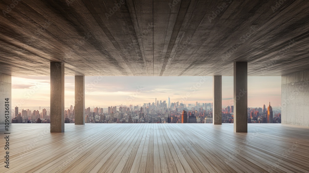 Vacant wooden floor interior with concrete ceiling showcasing a panoramic skyline view at sunset in a mixed media setting. Vacant wooden floor interior with concrete ceiling showcasing a panoramic skyline view at sunset in a mixed media setting.