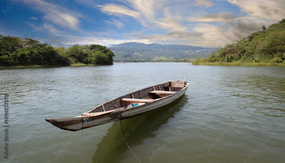 A Serene Wooden Boat Floating on a Calm Lake Surrounded by Lush Greenery and Reflective Waters, Capturing Nature’s Beauty and Tranquility in This Stunning Scenic Landscape A Serene Wooden Boat Floating on a Calm Lake Surrounded by Lush Greenery and Reflective Waters, Capturing Nature’s Beauty and Tranquility in This Stunning Scenic Landscape