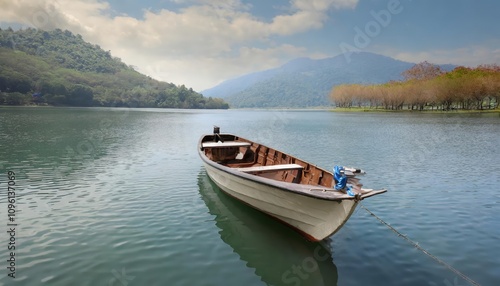 Serene View of a Boat on a Calm Lake at Sunset, Surrounded by Majestic Mountains and Lush Greenery, Perfectly Reflecting the Beauty of Nature in a Peaceful and Tranquil Setting