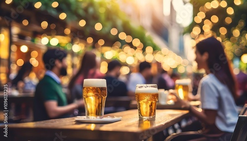 Vibrant bokeh background of an Asian street bar featuring beer, outdoor dining, and people relaxing in a lively atmosphere, chilling out and enjoying a casual evening with friends. photo