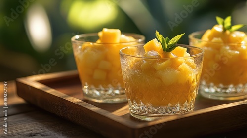 Mango sago dessert in elegant glasses, topped with fresh mango cubes and mint leaves, beautifully presented on a wooden tray, ideal for summer enjoyment.