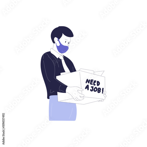 Fired dismissed sad office worker leaving with box after job loss. Man employee quitting. Unemployed jobless person. Layoff, dismissal concept. Flat vector illustration isolated on white background
