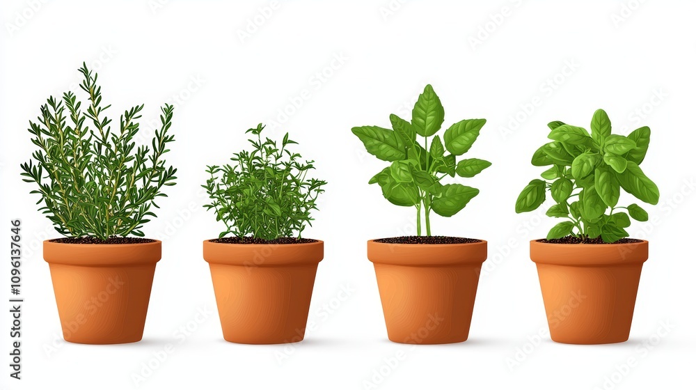 Herbs in terracotta pots, white isolate background Herbs in terracotta pots, white isolate background