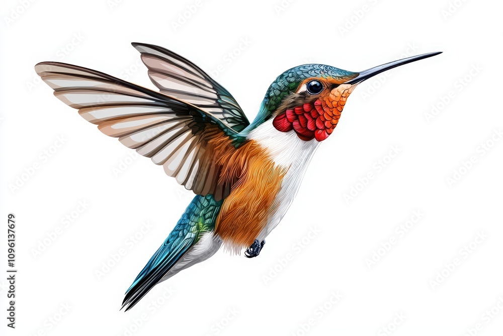 Fototapeta premium Hummingbird in mid-flight, white isolate background