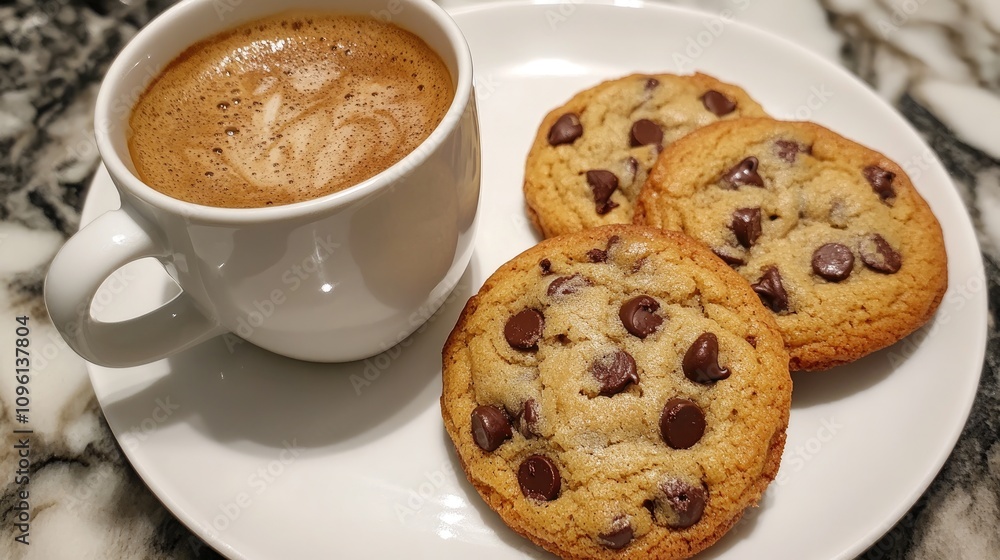 Warm homemade chocolate chip cookies alongside a freshly brewed cup of rich espresso on a white plate, highlighting a cozy treat experience. Warm homemade chocolate chip cookies alongside a freshly brewed cup of rich espresso on a white plate, highlighting a cozy treat experience.