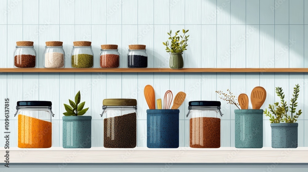 Kitchen jars with spices and herbs, clean design Kitchen jars with spices and herbs, clean design