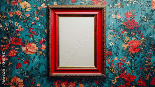 Red and gold ornate picture frame hanging on a teal floral wallpaper offering copy space