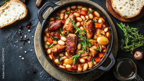 Casserole Dish of White Beans, Sausage, and Vegetables