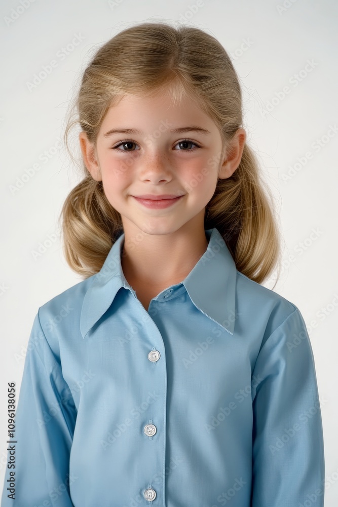 Portrait of a cheerful young girl with blonde hair, wearing a blue shirt. Perfect for educational or family themes. Portrait of a cheerful young girl with blonde hair, wearing a blue shirt. Perfect for educational or family themes.